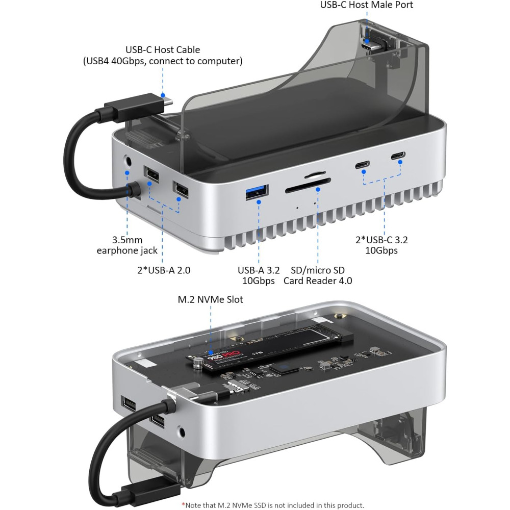 Хаб подставка Qwiizlab MC61 для Mac mini M4 M4 Pro NVMe SSD Thunderbolt 40Gbps